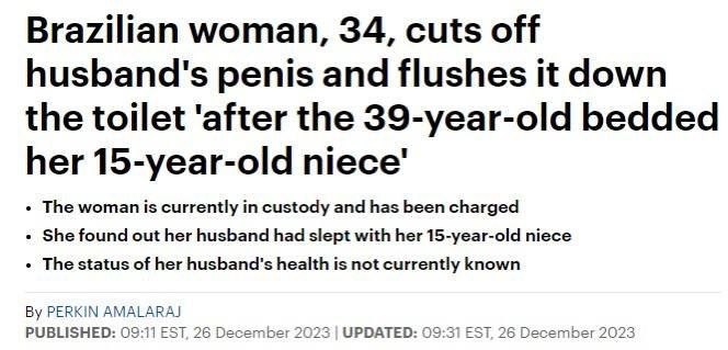 🔞🇧🇷 34LETÁ BRAZILKA ODŘEZLA MANŽELU PENIS A HÁZÍ HO DO ZÁCHODU…Manželka uřízla s...