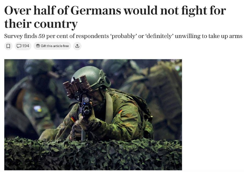 59 % Němců není připraveno bránit zemi v případě invaze, píše The Telegraph.Pouze 16 % je ...