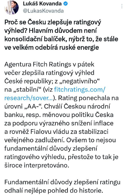 🇨🇿Agentura Fitch Ratings v pátek zlepšila ratingový výhled České republiky z negativníh...