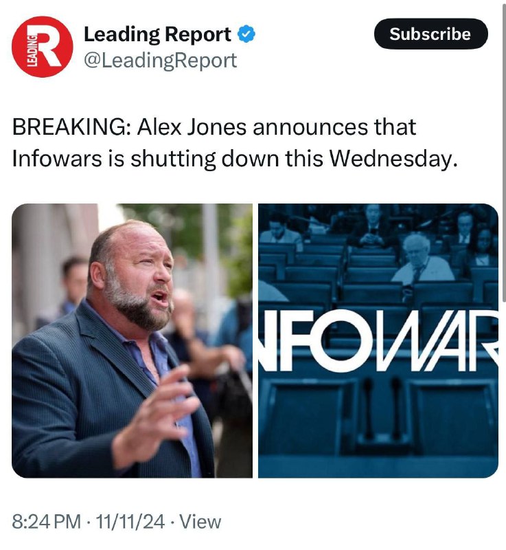 🆘Aktuální zpráva: Alex Jones oznamuje, že Infowars ve středu zavřou své brány..
