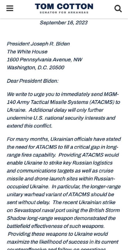 Američané požadují, aby Biden dodal kyjevskému režimu rakety ATACMS.Senátoři po tom volají....