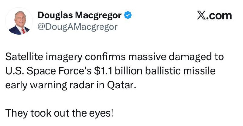 Americký armádní plukovník Douglas MacGregor potvrdil, že Írán zničil americký radar dálko...