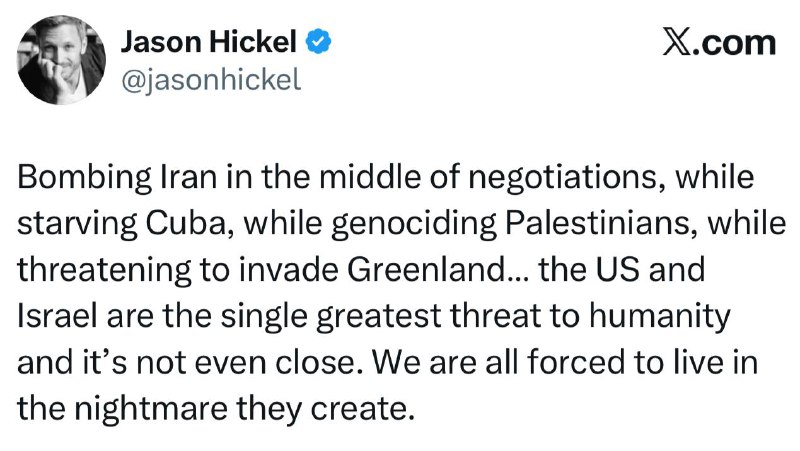 Americký historik Hikle o tom, že USA a Izrael ohrožují lidstvo:Bombardovat Írán uprostřed je... Americký historik Hikle o tom, že USA a Izrael ohrožují lidstvo:Bombardovat Írán uprostřed je...