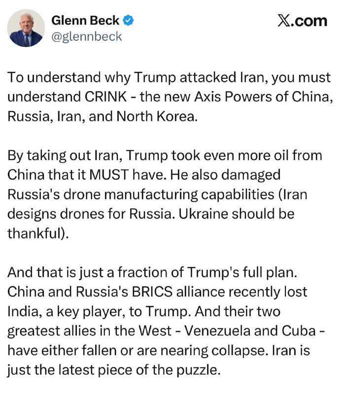 Americký novinář Glenn Beck o tom, že Trump zaútočil na Írán kvůli Číně:Abychom pochopil...