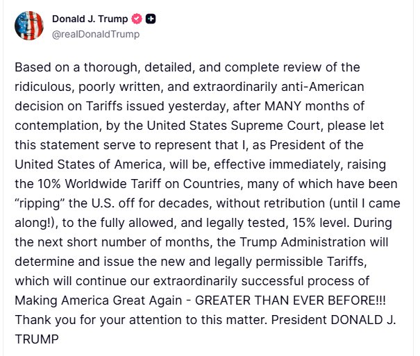 🇺🇸 Americký prezident Trump zvyšuje globální cla na 15 % oproti 10 %. 🇺🇸 Americký prezident Trump zvyšuje globální cla na 15 % oproti 10 %.