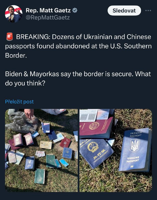 👏Americký senátor Matt Gaetz oznámil, že při hraniční kontrole na jihu Spojených států ...