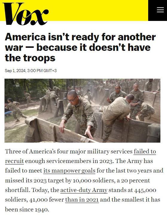 Amerika není připravena na další válku, protože nemá dostatek vojáků – VoxČlánek uvád?...