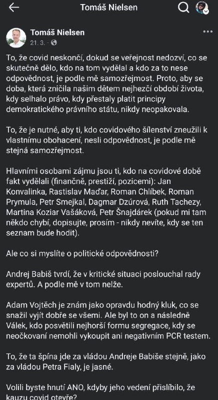Babiš patří za mříže spolu s Vojtěchem. Babiš tak může maximálně posvětit vznik nezávi...