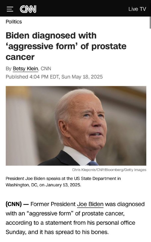 Bidenovi byla diagnostikována agresivní fáze rakoviny prostaty s kostními metastázami.🔴 Děd...