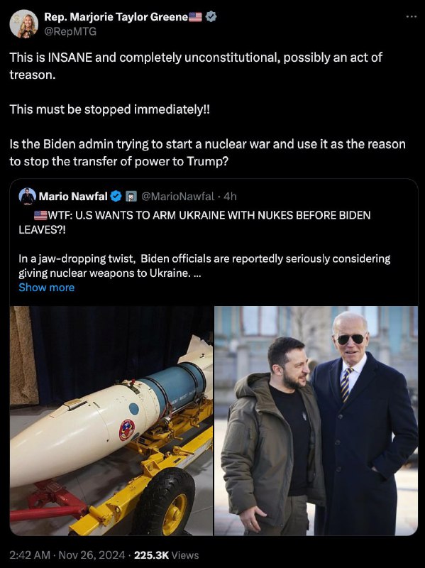 🔥 Bidenův přesun jaderných zbraní do Kyjeva by znamenal zradu, je si jistá americká kongres...