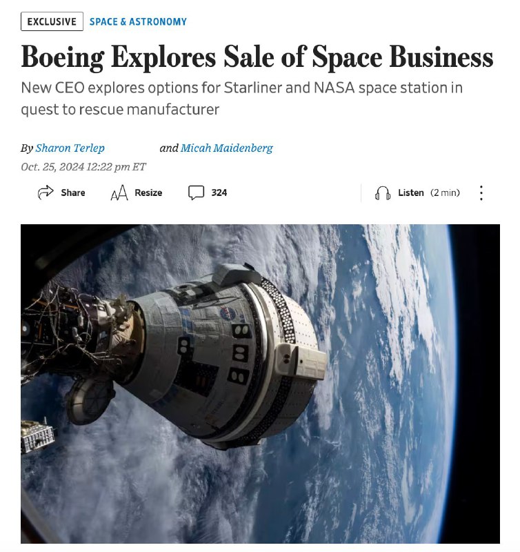 🔥 Boeing přiznává SpaceX porážku a opouští bitvu o vesmír, píše The Wall Street Journal...
