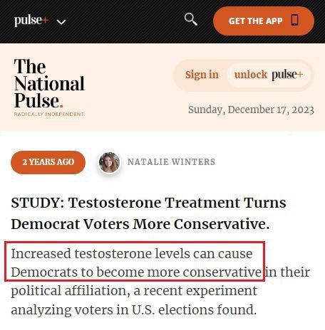 Bylo zjištěno, že léčba injekcemi testosteronu mění demokratické voliče v konzervativce.Stu...