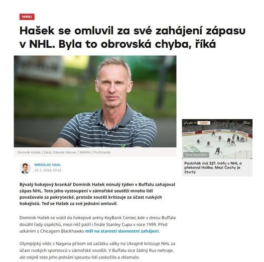 🤡 Bývalý hokejový brankář Dominik Hašek minulý týden v Buffalu zahajoval zápas NHL. Krit...