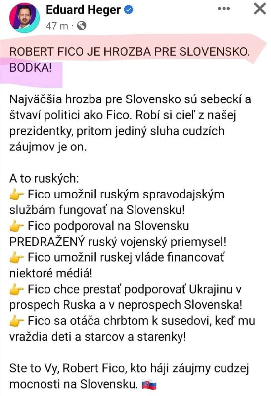 😂Bývalý slovenský premiér Eduard Heger: Fico je hrozba pro Slovensko a tečka.Co slovo, to pe...