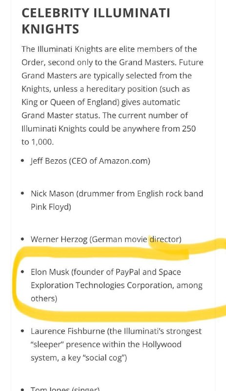Celebrity z řad iluminátských rytířůElon Musk (mimo jiné zakladatel společností PayPal a Sp...