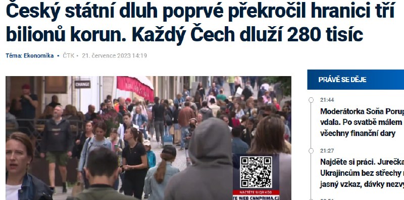 🇨🇿Český státní dluh se v pololetí zvýšil na 3,044 bilionu korun a poprvé tak překroč...