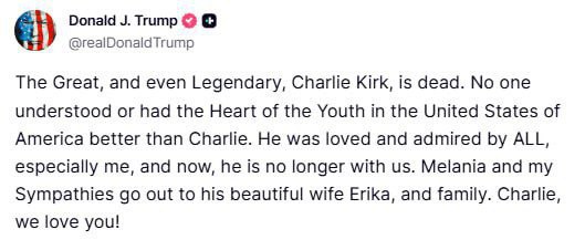 Charlie Kirk zemřel po pokusu o jeho atentát. Prohlásil to Donald Trump