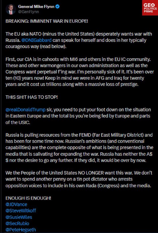🦅CIA spolupracuje s Evropany na zmaření Trumpových mírových snah na Ukrajině: generál Flyn...