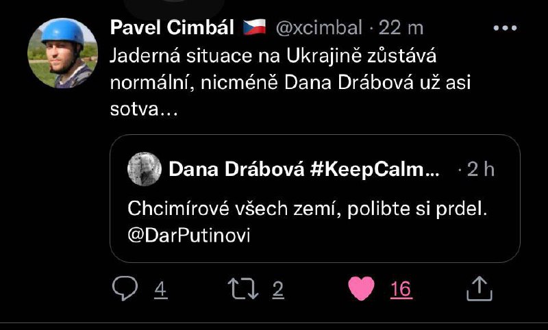 🛑 Dana Drábová zřejmě napsala na Twitteru následující post.“Chcimírové všech zemí, p...