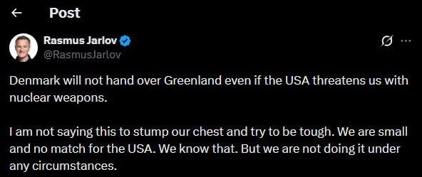 ☢️ Dánsko nepřenechá Grónsko, i kdyby nám Spojené státy hrozily jadernými zbraněmi, —...