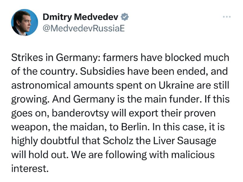 😎Dmitrij Medvedev: Štrajky v Nemecku: farmári zablokovali významnú časť krajiny. Dotácie s...