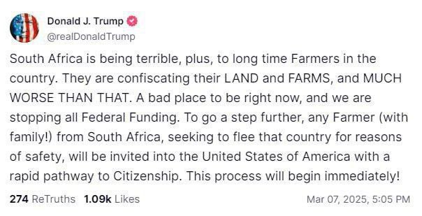 Donald J. Trump na X 🇺🇸 ❌ 🇿🇦 Trump oznámil, že Spojené státy pozastaví federáln?...