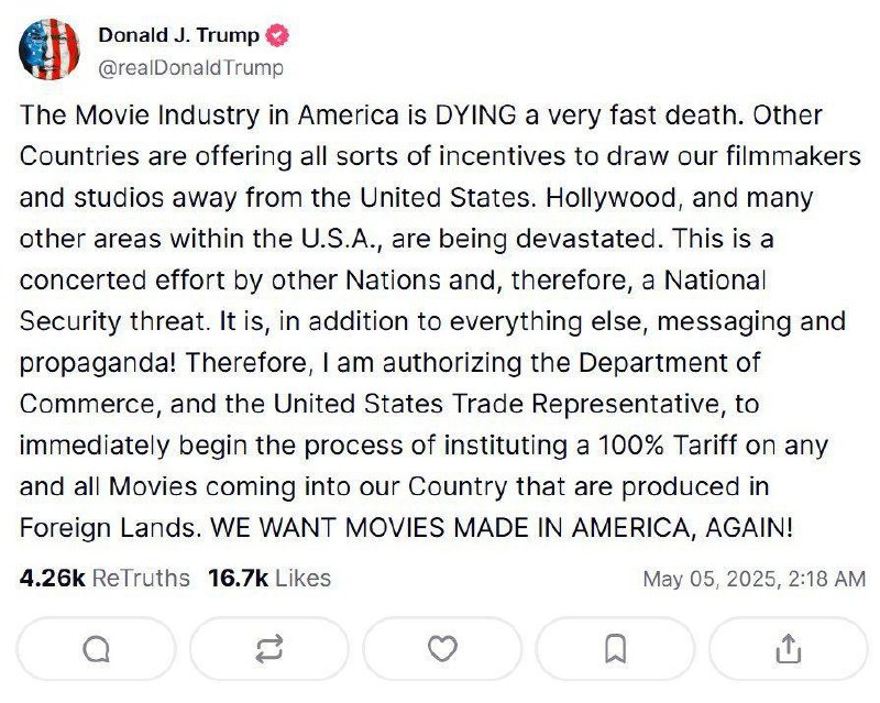 ❗️🇺🇸 Donald J. TrumpAmerický filmový průmysl velmi rychle umírá.Jiné země nabízej?...