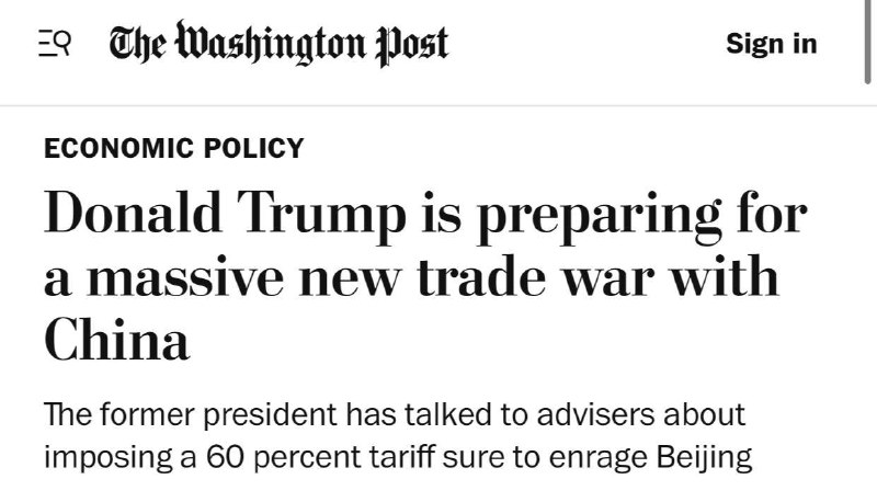 Donald Trump jednal s poradci o zavedení 60% cla na veškerý dovoz z Číny, pokud se vrátí do B...