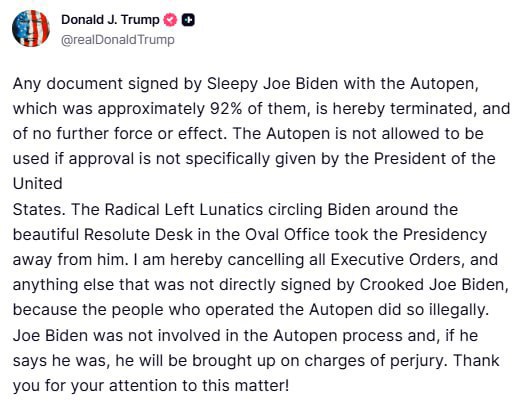 ⚡️Donald Trump oznámil zrušení všech dekretů Joea Bidena podepsaných pomocí faksimile:Jak... ⚡️Donald Trump oznámil zrušení všech dekretů Joea Bidena podepsaných pomocí faksimile:Jak...