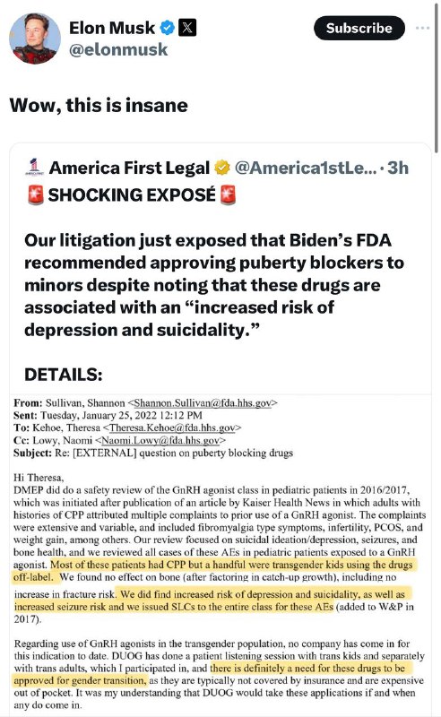 🔥 Elon Musk je šokován rozhodnutím FDA kvůli doporučení podávat dětem blokátory dospív?...