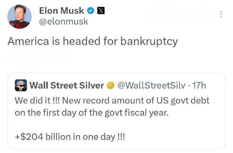 🇺🇸Elon Musk komentuje americký vládní dluh:"Amerika směřuje k bankrotu"Státní...