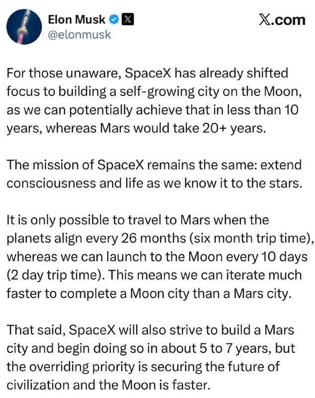 Elon Musk o tom, že město na Měsíci vznikne během 10 let:Pro ty, kteří to nevědí, SpaceX ji...