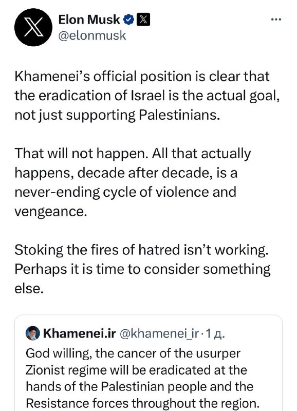 Elon Musk o tweetu íránského duchovního vůdce Alího Chameneího, že „uchvatitelský sionist...