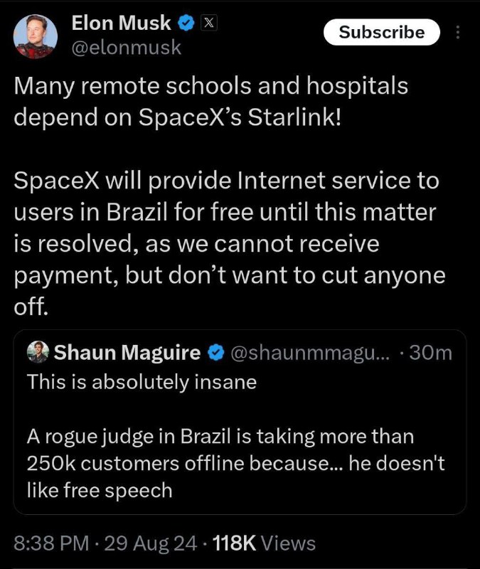 Elon Musk on X Odpovědi Shaunovi⚡️Mnoho izolovaných škol a nemocnic závisí na Starlinku!...