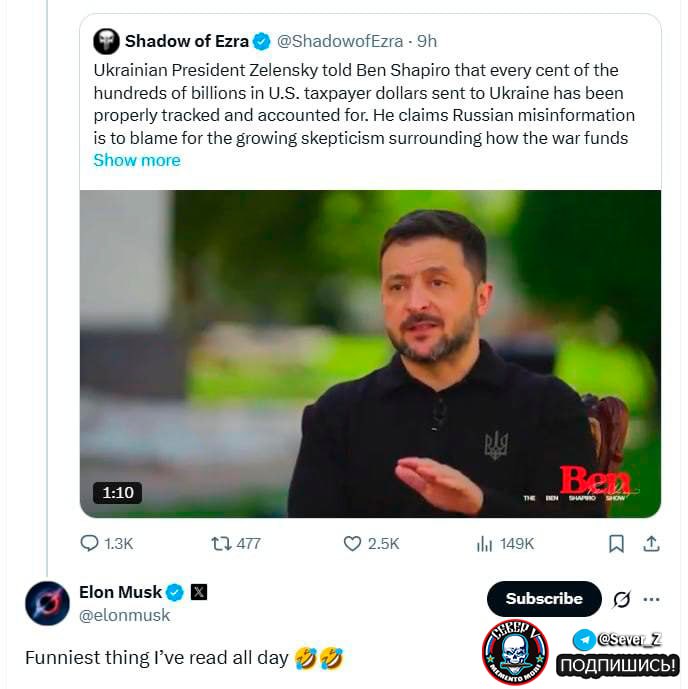 👌 Elon Musk se zasmál prohlášení Volodymyra Zelenského, že „každý cent“ americké voj...