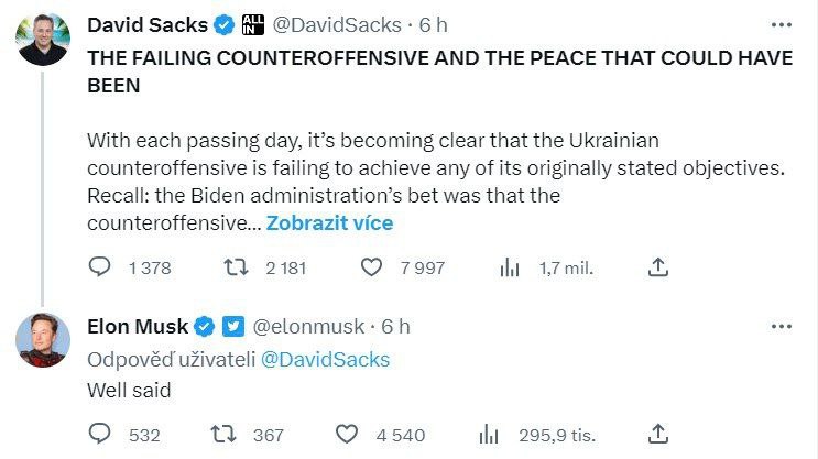 🇺🇸Elon Musk souhlasil s názorem podnikatele Davida Sackse, že ofenziva Ozbrojených sil Ukra...