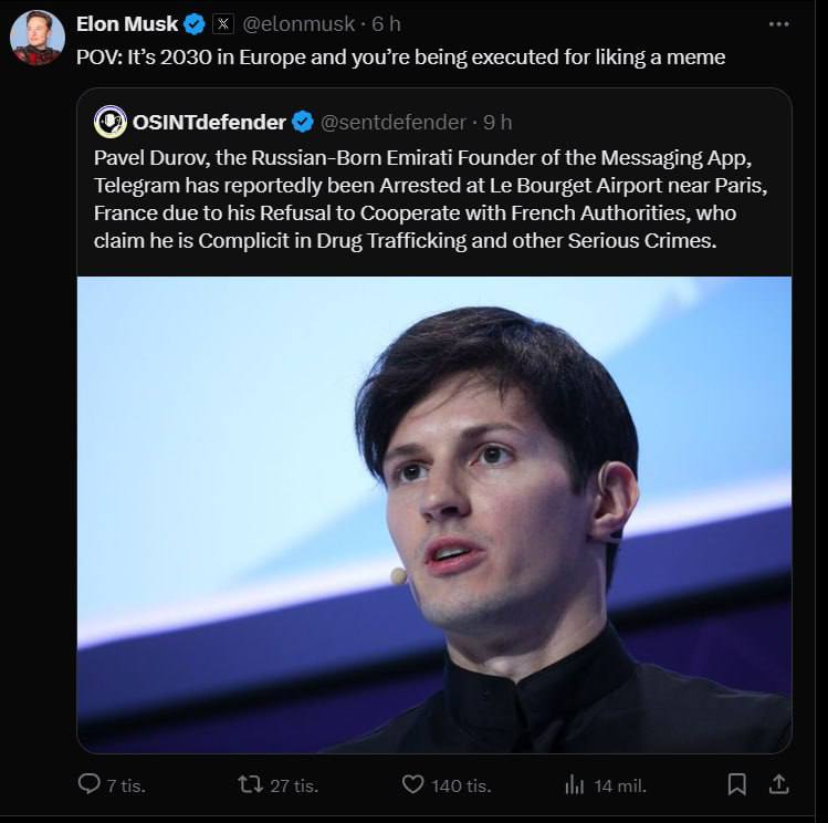 Elon Musk: V souvislosti se zatčením zakladatele Telegramu Pavla Durova ve Francii prohlásil, že...