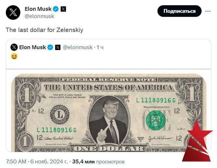 📉👁🇺🇸🇺🇦Elon Musk zveřejnil tweet, příspěvek doprovázel obrázek dolarové bank...