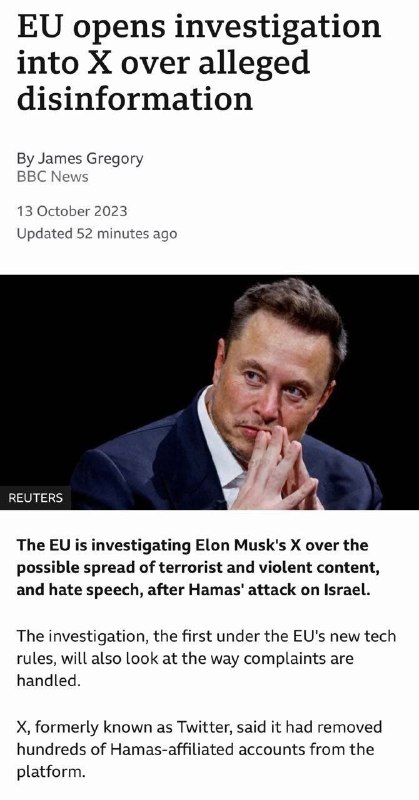 EU ZAČÍNÁ ŠETŘENÍ VE VECI X PRO ÚDAJNÉ DEZINFORMACEEU vyšetřuje X Elona Muska a možné š...