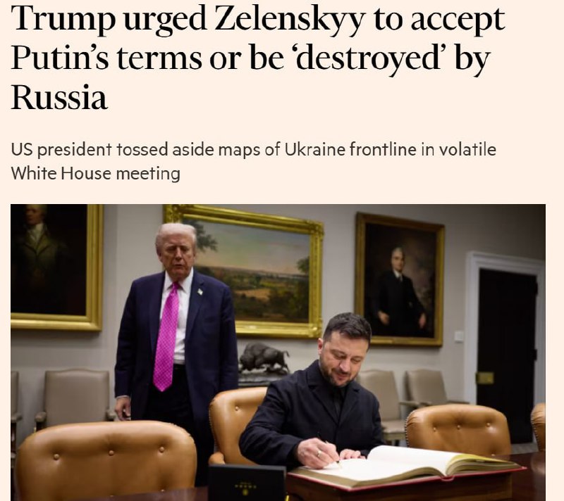 Financial Times uvádí, že Trump v podstatě postavil Zelenského před dvě možnosti: „přijmo... Financial Times uvádí, že Trump v podstatě postavil Zelenského před dvě možnosti: „přijmo...