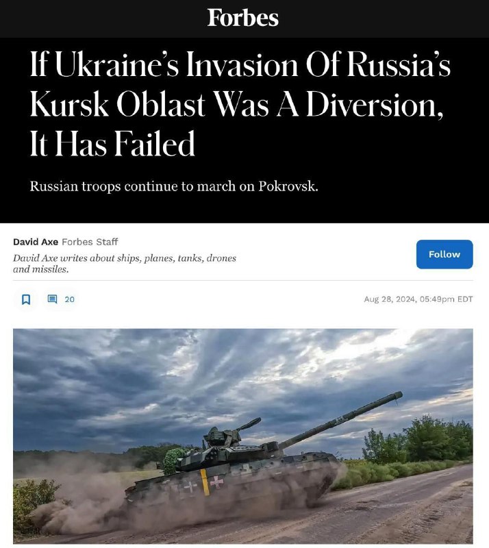 Forbes píše:„Pokud byla ukrajinská invaze do Kurské oblasti diverzním manévrem, pak selhala....