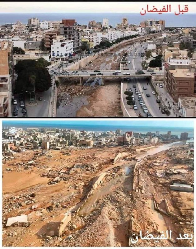 Fotografie stejné ulice ve městě Derna před a po povodniMezitím počet obětí povodní přesá...