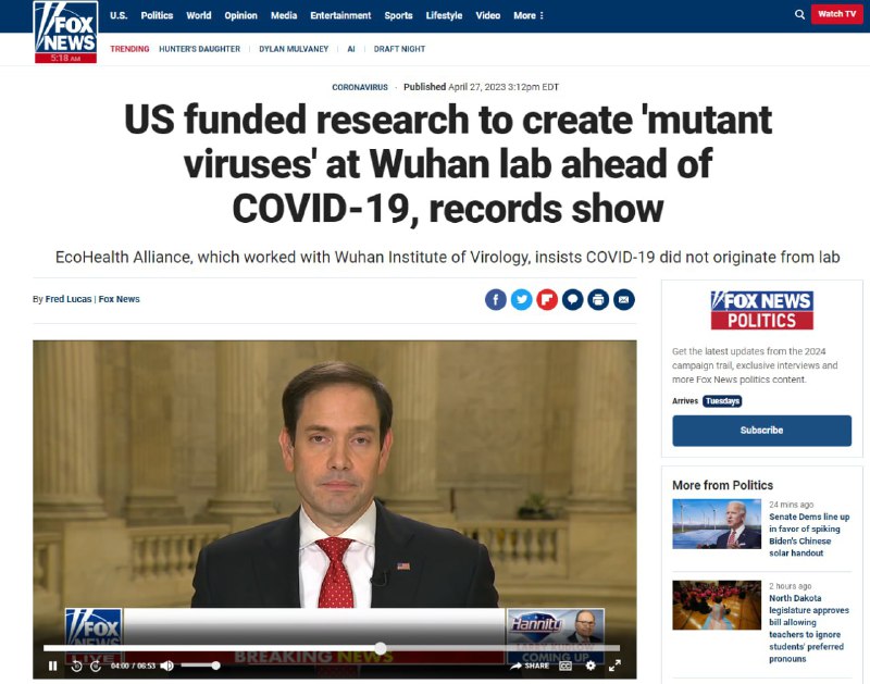 🇺🇸Fox News: USA financovaly výzkum s cílem vytvořit „mutantní viry“ v laboratoři ve W...