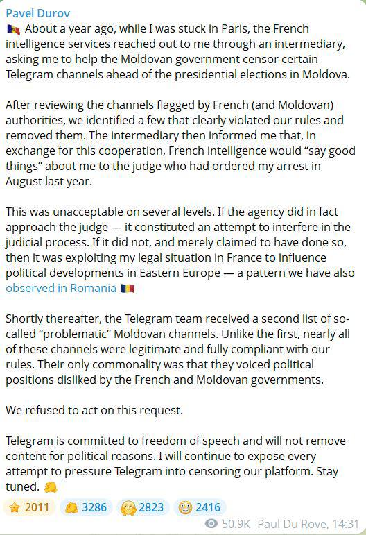 ‼️🇫🇷🇲🇩Francouzské tajné služby se pokusily donutit Pavla Durova, aby zablokoval k...