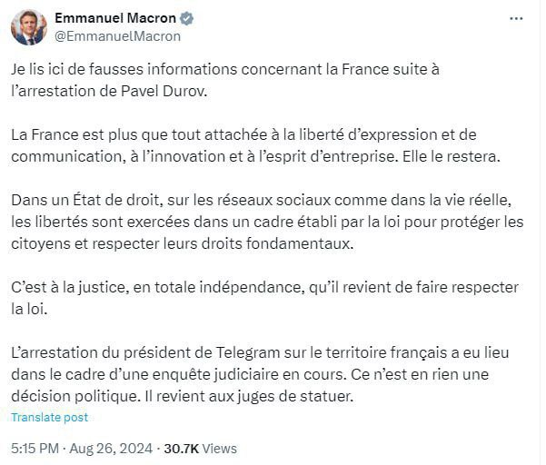 Francouzský prezident Emmanuel Macron uvedl, že Durovovo zatčení není politické rozhodnutí:?...
