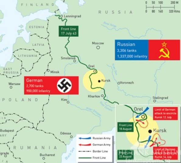 Frontová linie v roce 1943. Hitler věřil, že vítězství v Kursku znovu potvrdí německou síl...