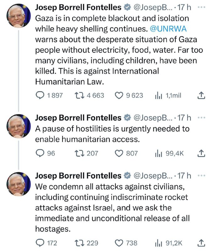 🇪🇺Gaza potřebuje přestávku v bojích, bylo zabito „příliš mnoho“ lidí, píše na so...