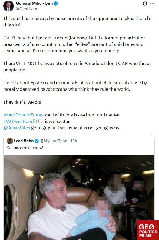 🚨 🤬 Generál Flynn požaduje hromadné zatčení „vysoce postavených zvrhlíků“ spojený...