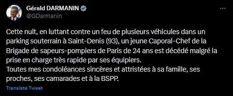 🇫🇷Hasič zemřel při pokusu uhasit hořící auta na předměstí Paříže, napsal na Twitte...