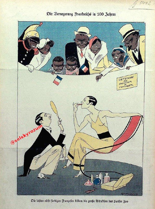 Ilustrace z evropského časopisu Kladderadatsch z roku 1932, na níž je Francie zobrazena o 100 le...